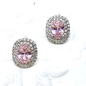 Pink Oval Cut Sapphire & White Baguette Diamond Earrings  925 Silver